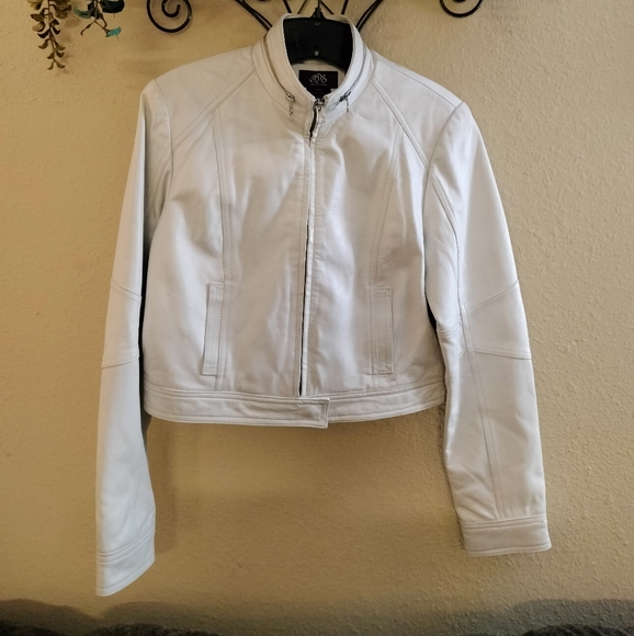 JDS Collection Jackets & Blazers - JDS- White Genuine Leather Moto Jacket. (See PHOTOS) few flaws. NWT size Small